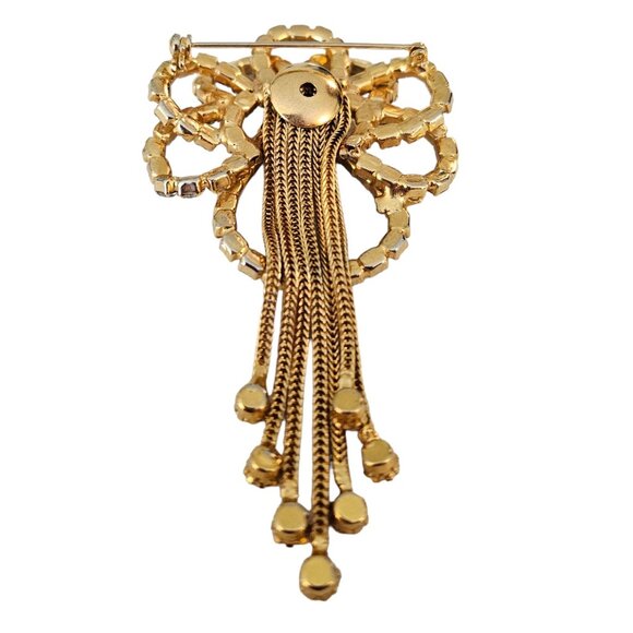 Gold Tone Vintage Prong Set Rhinestone Bow Waterfall Chain Tassel Brooch L79 - Picture 7 of 11